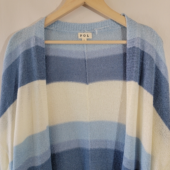 POL Blue White Striped Long Duster Cardigan Sz L Pocket Cottagecore Relaxed Fit - Picture 3 of 12
